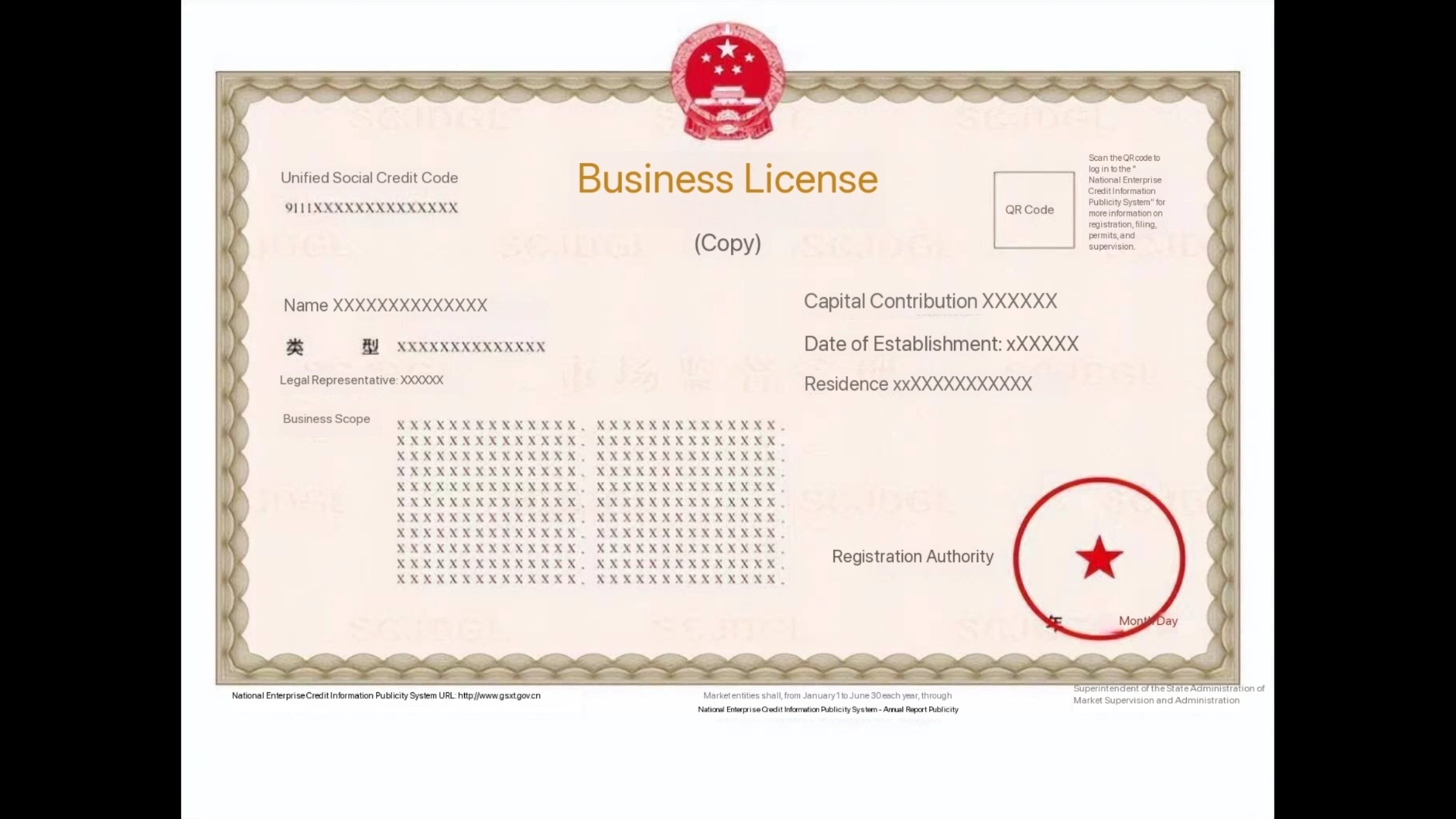 Chinese Business License Sample