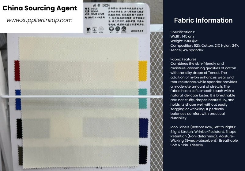 Fabric swatch card detailing composition and weight