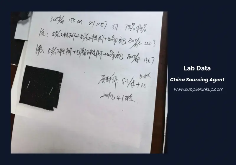 Fabric tech analysis manuscript showing reverse engineered specs
