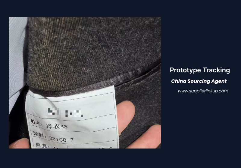 Garment prototype tag showing specific fabric code tracking