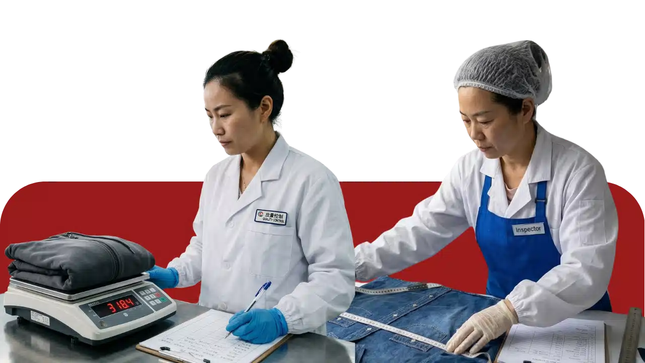 Inspector measuring garments for quality control